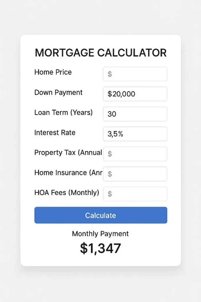 واجهة حاسبة التمويل العقاري في السعودية مع حقول لحساب القسط الشهري بدقة