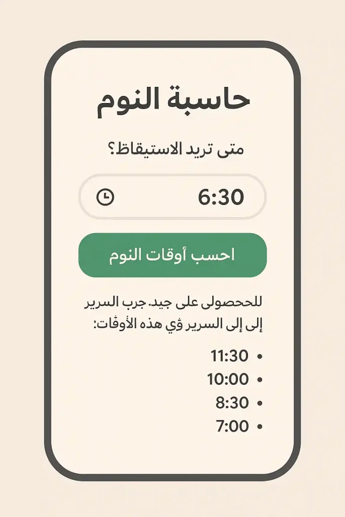واجهة حاسبة النوم باللغة العربية على هاتف ذكي، تعرض حقل إدخال وقت الاستيقاظ، زر أخضر لحساب أوقات النوم، وقائمة بأفضل أوقات الذهاب إلى السرير للحصول على نوم جيد، كلها بتصميم بسيط وألوان دافئة."