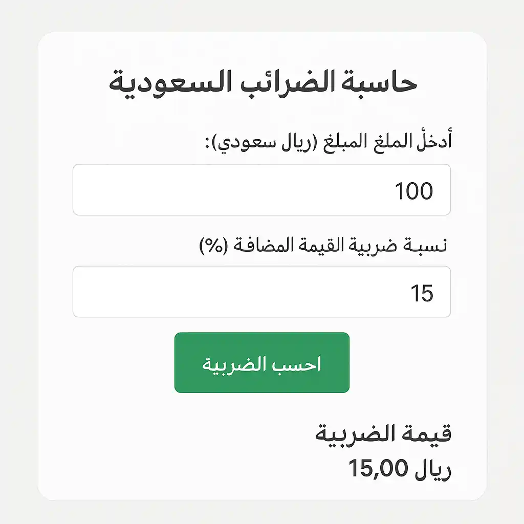 واجهة حاسبة الضرائب السعودية تحتوي على حقول لإدخال المبلغ ونسبة ضريبة القيمة المضافة، وزر أخضر مكتوب عليه 'احسب الضريبة'، مع عرض ناتج الضريبة أسفل الزر بقيمة 15 ريال."
